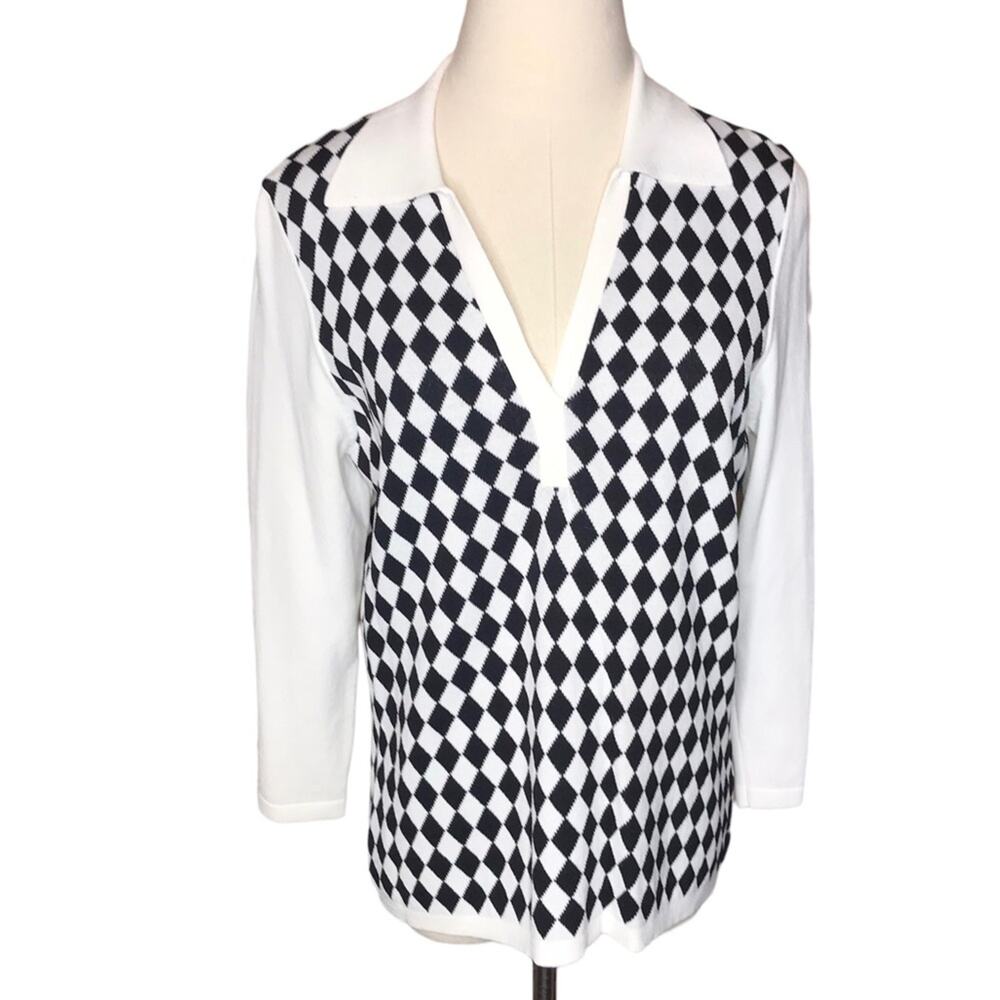 Marisa Christina Vintage Black and White Diamond Harlequin Knit Sweater -Size S